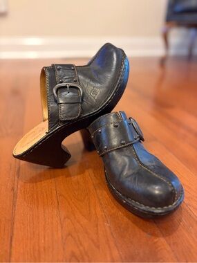 Born | Black Leather Buckle Clog Mules